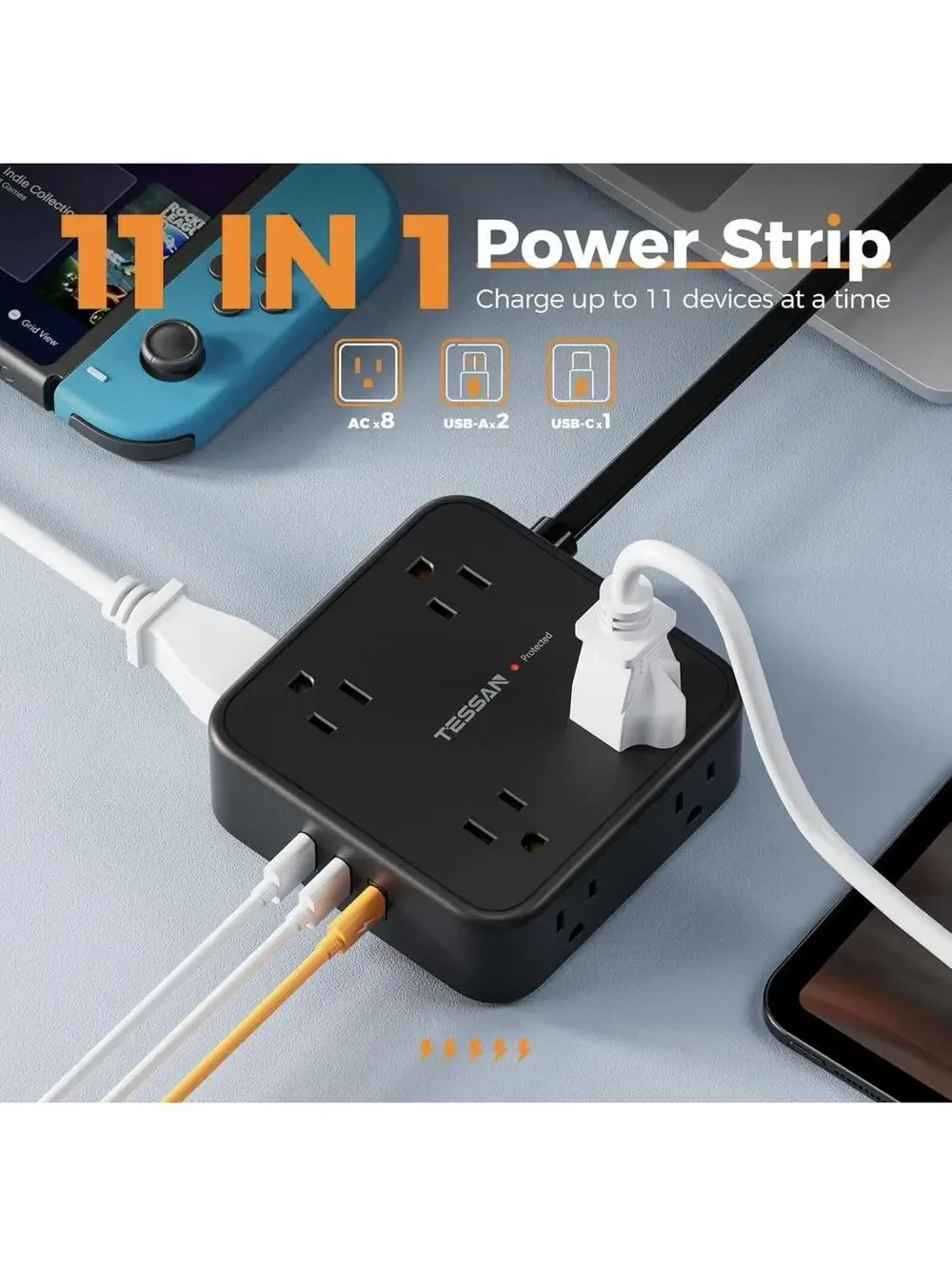 Surge Protector Power Strip 8 Outlet 2 USB 1 USB-C Flat Plug 5FT Cord TESSAN NWB